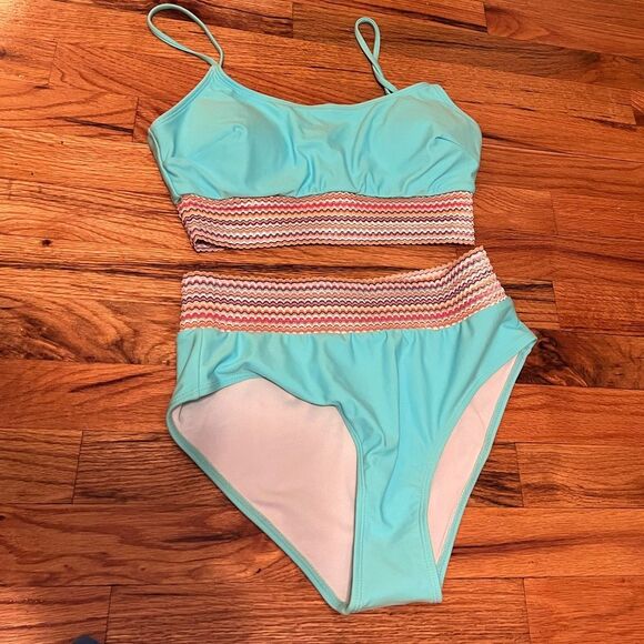 New Bikini set sky blue striped mutli-color high waisted full coverage- mint. M - Picture 4 of 7